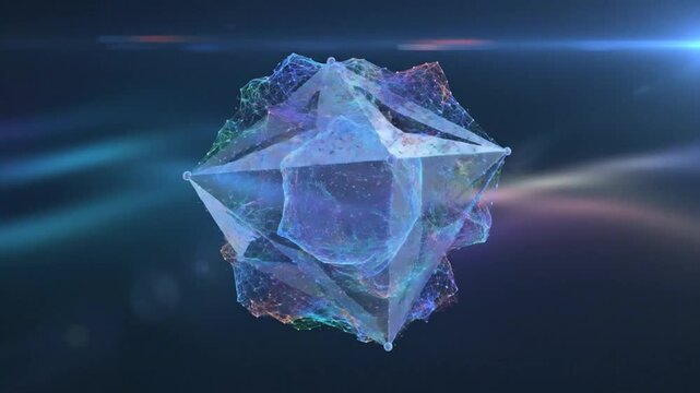 Abstract futuristic 3D sphere object with polygon and wireframe structure, glowing in space with light effects
