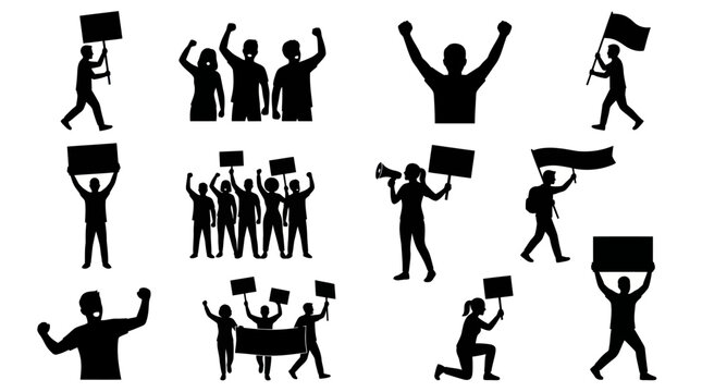 Black Silhouette Protestors Holding Signs and Flags, Activism Concept