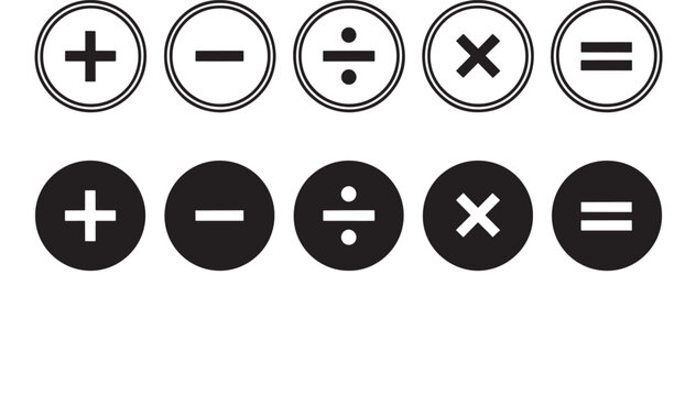 Plus minus divide multiplication and equals math icons set in black and white circles with bold vector symbols