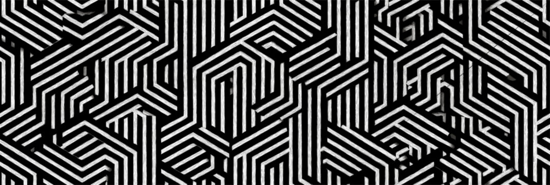 Abstract stripped pattern creating intricate three dimensional geometric shapes and optical illusion. Isometric black and white striped geometric pattern creating abstract maze