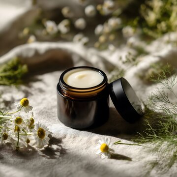 A jar of natural cream sits on a textured surface surrounded by fresh chamomile flowers and delicate greenery