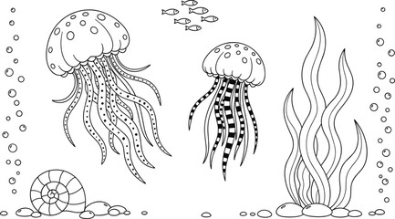 Underwater jellyfish illustration featuring fish, seaweed, seashell, bubbles, and marine life scene in black and white coloring style © Akter