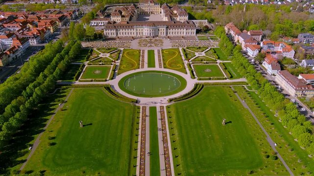 Ludwigsburg, Germany - 15 April 2026: Aerial view of Ludwigsburg Residential Palace with its symmetrical baroque gardens and surrounding urban landscape under bright sunlight.
