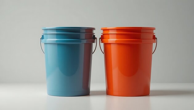 One blue and one orange plastic bucket standing side by side for industrial cleaning or home storage use. 5 gallon bucket
