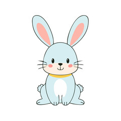 Fototapeta premium Adorable light blue cartoon bunny with large ears and a yellow collar smiling