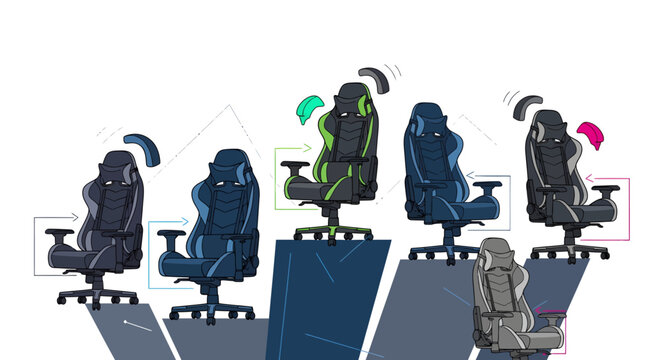 Diverse lineup of ergonomic gaming chairs with integrated technology, highlighting comfort, design, and connectivity for serious gamers.