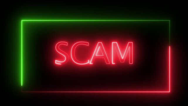 Vibrant neon scam word animation isolated on black for cyber security theme