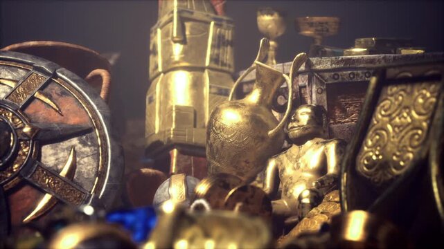 scattered brass artifacts and ornaments, rusted teapots, clocks and wheels with enamel highlights, market stall setup with antique dealer sorting inventory,
