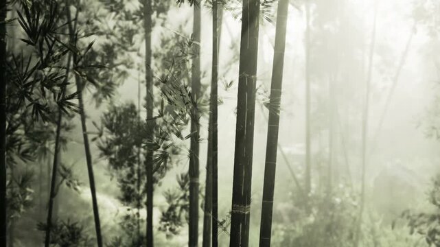 Misty bamboo pathway with soft light, tall trunks fading into haze, delicate leaves and damp undergrowth suggesting serene early morning walk through secluded