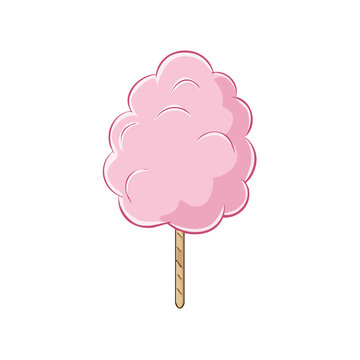 Pink fluffy cotton candy on a stick sweet treat cartoon illustration