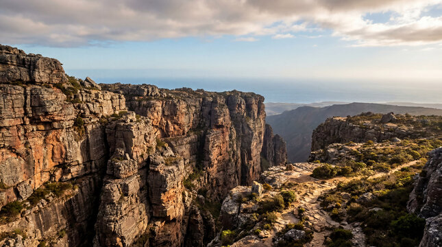Side view of rugged cliff with sheer drop and intricate rocky textures dramatic natural geological formation scene
