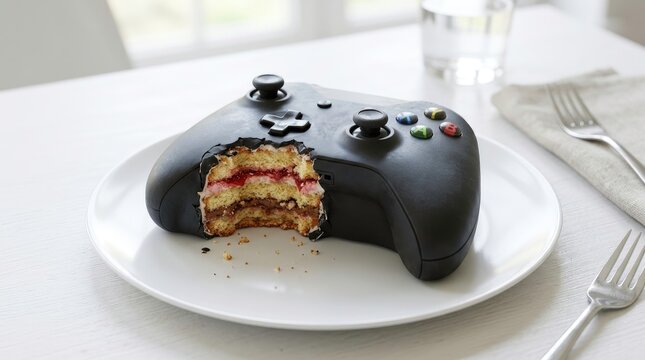 Controller Cake on Plate, Gaming Birthday, Food Art, Dessert, Bite Taken.