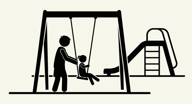 Adult pushing child on swing set.