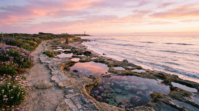Seashore pathway with tide pools reflecting pastel sky and calm rippling surf creating dreamy coastal ambiance