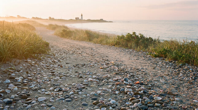 Seashore pathway with shells and polished pebbles glowing in gentle morning light peaceful seaside texture scene