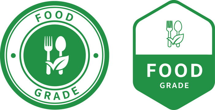 Green food grade certification badge icons for safe packaging and eco-friendly product labeling