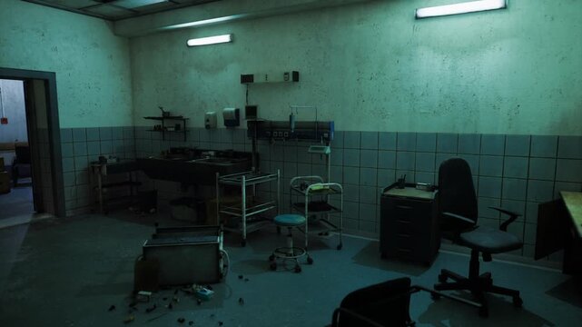 Abandoned medical office with scattered files and dusty desk, old printer and paperwork piled on counter, tiled halfwalls and unplugged fixtures, clinical mood
