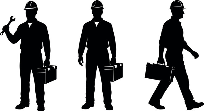 Professional industrial maintenance worker silhouette collection featuring male repairman holding wrench and carrying toolkit for construction and engineering service projects.