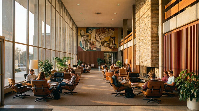 Mid century modern university lounge design inside grand lobby with Eames seating timeless academic sophistication vibe