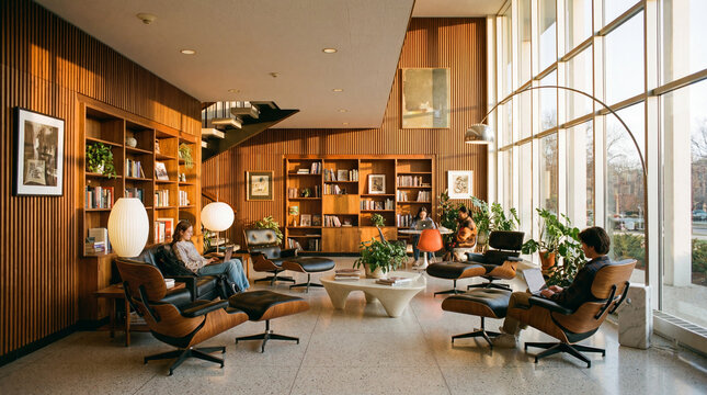 Mid century modern university lounge in grand lobby showcasing iconic Eames seating and refined intellectual atmosphere