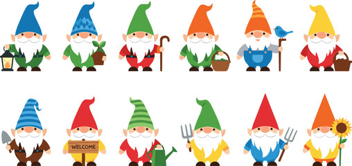 Fototapeta premium Colorful Gnome Character Vector Illustration Set Featuring Gardening, Welcome Signs, and Nature Elements for Garden and Seasonal Design.