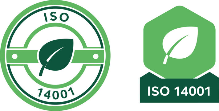 ISO 14001 certification eco label icons, green leaf environmental management system badge vector set