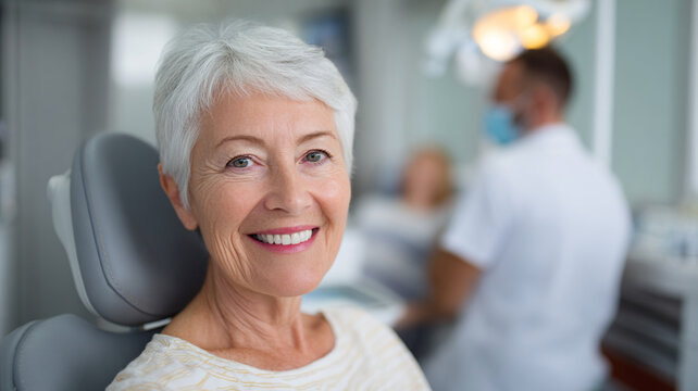 happy Old woman sitting in a modern dental chair during a dental checkup bright and clean dental clinic  soft natural lighting  friendly healthcare environment  dentist working in the background