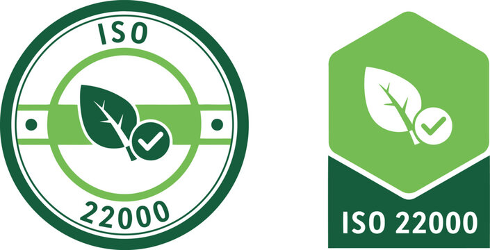 ISO 22000 certification badge icons for food safety management, green eco-friendly vector labels