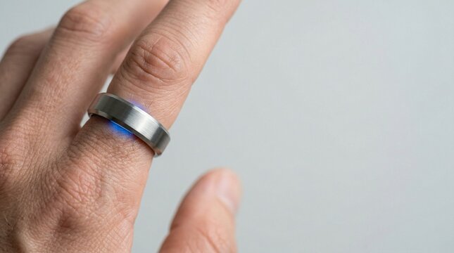 Close-up of a smart ring with blue glowing sensors on a person's finger. Concept of wearable technology, health tracking, and biometric monitoring in a minimal modern style with copy space.