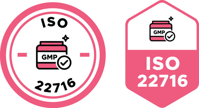 ISO 22716 GMP Certification Badge Icon for Cosmetics Manufacturing Quality Assurance Compliance