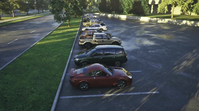 Sunlit suburban parking lot lined with vintage and modern cars in neat row, red convertible in foreground, long tree shadows on asphalt, reflective paint