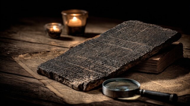 Ancient tablet displayed on wooden surface with candles and magnifying glass in low light setting