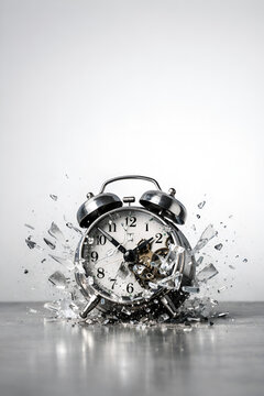 Exploding vintage alarm clock with shattered glass, concept of lost time, missed deadlines, stress at work, and the irreversible nature of moments.