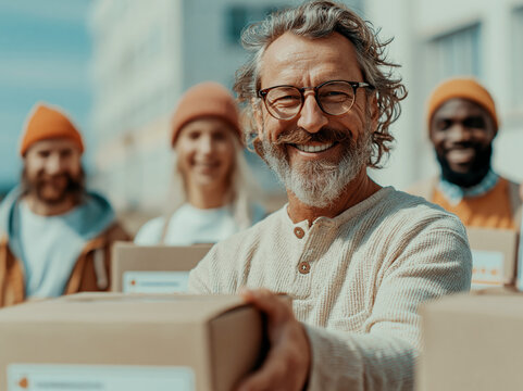 Diverse Volunteers Distributing Food Boxes Outdoors With Smiling Middle-Aged Volunteer Holding Parcel