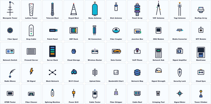 Telecommunications Tower & Fiber Optics Icon Set - 50 Labeled 2D Vectors, Technical Flat Design Set