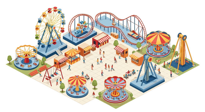 Isometric illustration of a vibrant summer festival featuring a Ferris wheel, roller coasters, and carousels, with many tiny figures enjoying the attractions against a white background