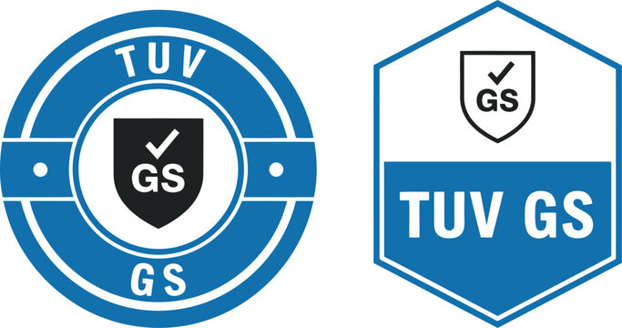 TUV GS certification badge icons set, blue safety quality assurance labels, vector illustration
