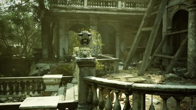 Mossy decayed courtyard of mansion with crumbling balustrade and stone stairs, ladder leans against weathered portico, overgrown foliage and drifting light