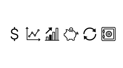 Obraz premium Set of six black outline icons representing finance banking and business concepts.