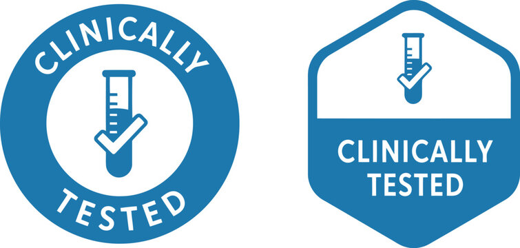 Clinically Tested Badge Icons &ndash; Blue Medical Certification Labels for Healthcare and Pharmaceutical Products