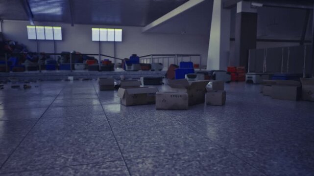 Scattered luggage parcels on tiled floor, dim blue lighting, crates and suitcases left in wait, deserted terminal space evoking delay and isolation.