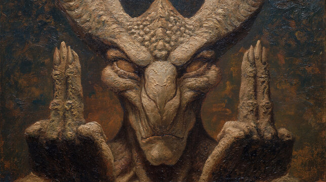 Baroque Oil Painting of Alien Creature with Multiple Raised Hands in Dominance Display