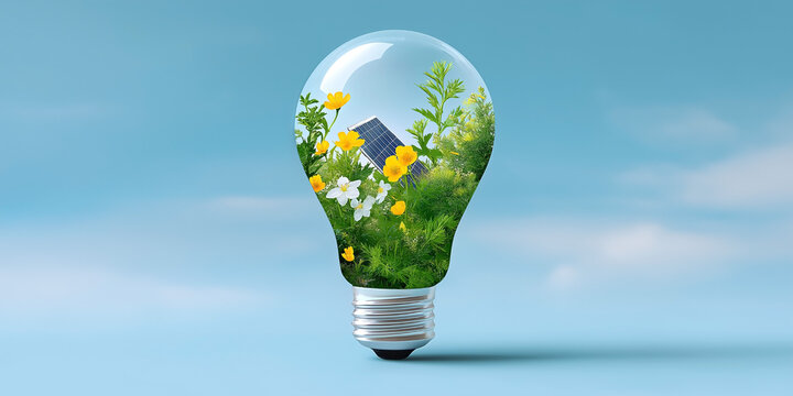 Light bulb with green plants and solar panel inside symbolizing renewable energy and eco innovation, close-up