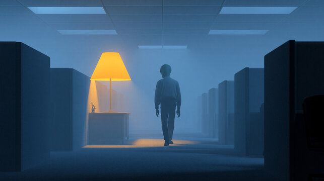 Lone Figure Walking Through Blue-Hazed Office Corridor Past Warm Glowing Desk Lamp