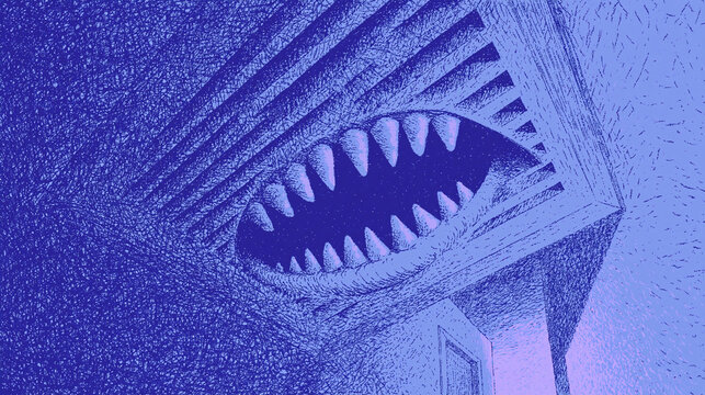 Comic Art Vent Grille Rendered as Fanged Maw with Dutch Angle and Indigo Blue Halftone