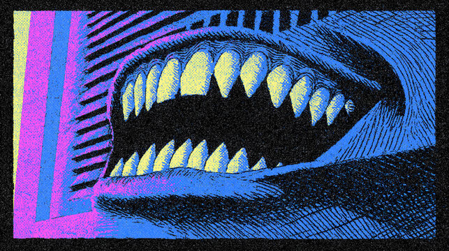 Neon Pink and Blue Comic Illustration of Fanged Maw with Electric Duotone Crosshatching