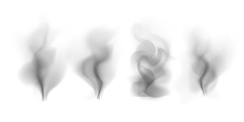 Naklejka premium Steam smoke rising from hot coffee, water, tea, drink or food on white background. Black vapor effect for food and drink design. Realistic vector illustrations set.