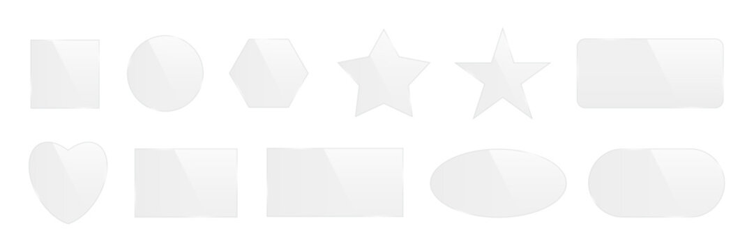 Transparent glass frames. 3d plastic screens in various shapes. Reflective surface panels with light glare on white background. Modern UI elements. Realistic vector illustrations set.