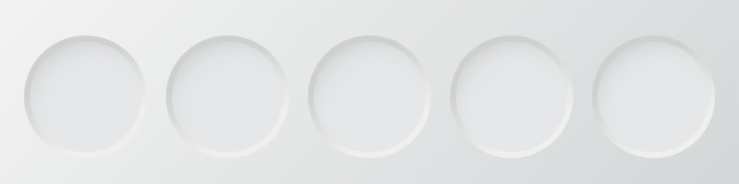 3d wall niche. Empty white round shelf. Circular inside frame. Display stand, showcase mockup. Showroom, gallery, studio or shop product presentation. Vector illustrations set.