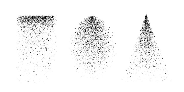 Water sprays. Dot grain noise gradient shapes. Sprays with splash effect, featuring grainy texture and gradient dissolve. Abstract modern vector illustration.